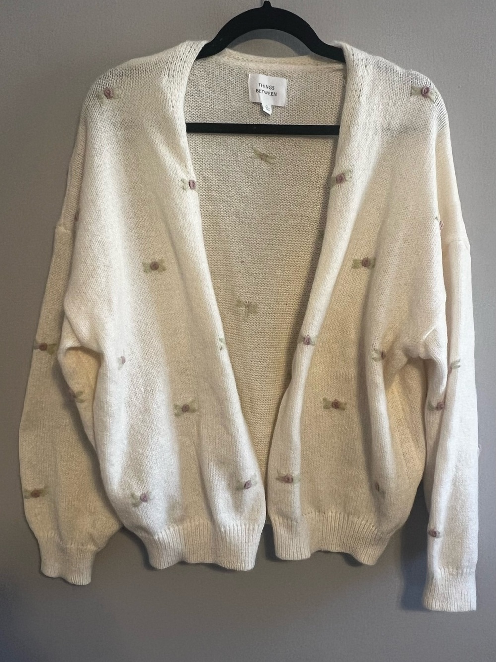 Things Remembered Cream Open-Front Cardigan with Rose Embroidery
